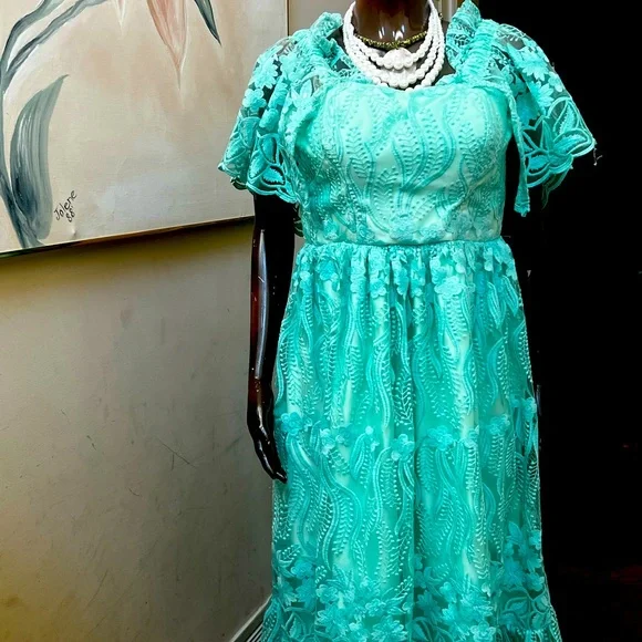 African Print Lace Long Gown Angi Ankara Women Clothing Fit And Flare Dress | Color: Green | Size: 16 | Jokosh's Closet